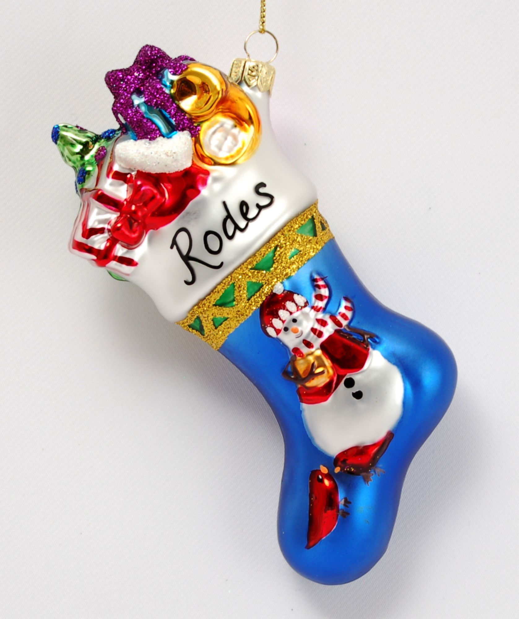 Family Collection Snowman Stocking Glass Christmas Ornament Personalized by Russell Rhodes
