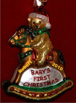Rocking Horse Teddy Glass Christmas Ornament Personalized by Russell Rhodes