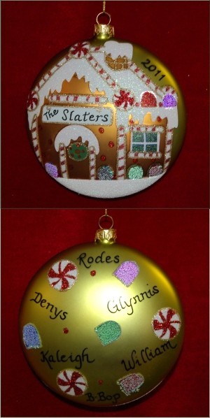 Family Gingerbread House Glass Christmas Ornament Personalized by Russell Rhodes