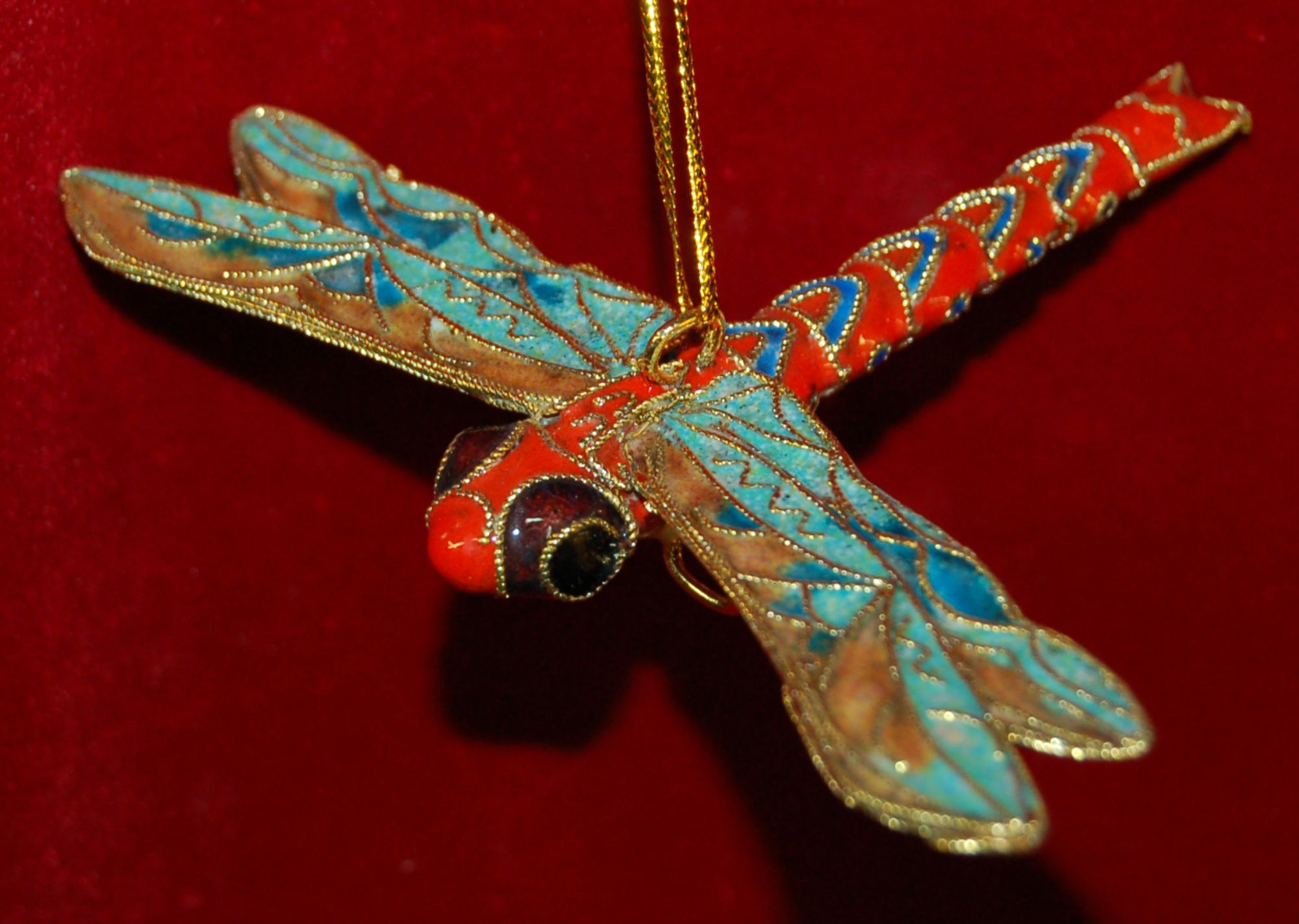 Dragonfly Christmas Ornament Cloisonne Orange by Russell Rhodes