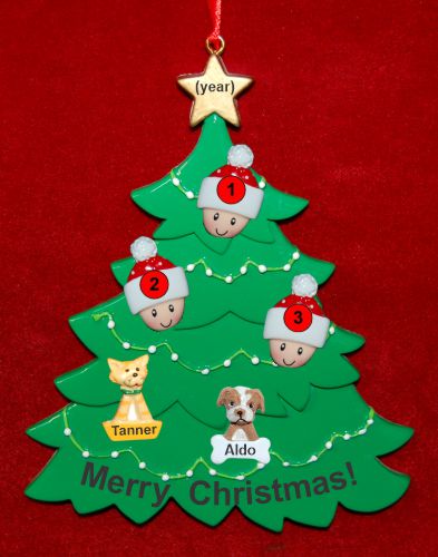 Family Christmas Tree Ornament for 3 with 2 Dogs, Cats, Pets Custom Add-ons Personalized by RussellRhodes.com