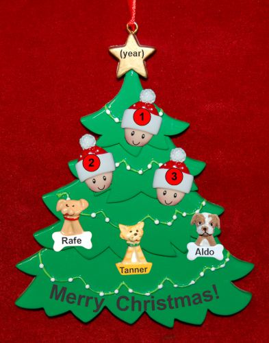 Family Christmas Tree Ornament for 3 with 3 Dogs, Cats, Pets Custom Add-ons Personalized by RussellRhodes.com