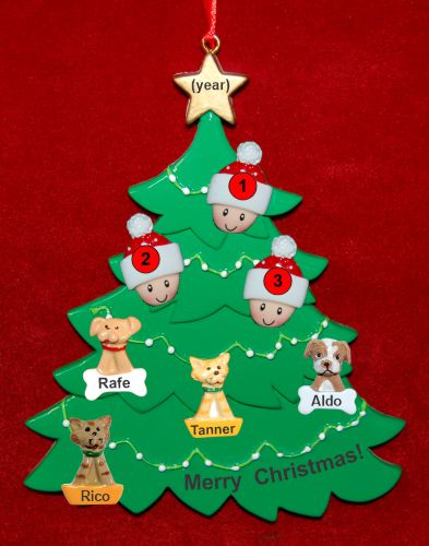 Family Christmas Tree Ornament for 3 with 4 Dogs, Cats, Pets Custom Add-ons Personalized by RussellRhodes.com