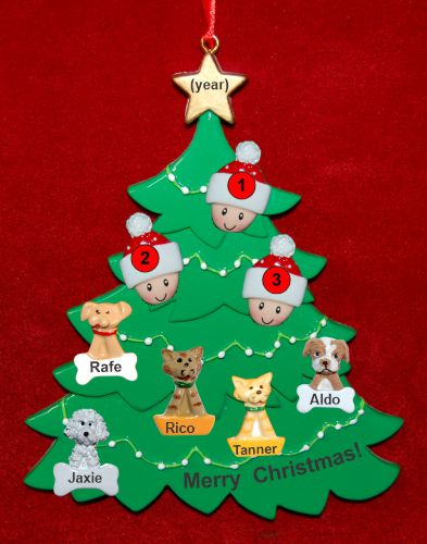 Family Christmas Tree Ornament for 3 with 5 Dogs, Cats, Pets Custom Add-ons Personalized by RussellRhodes.com