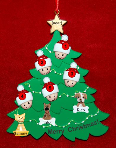 Family Christmas Tree Ornament for 5 with 3 Dogs, Cats, Pets Custom Add-ons Personalized by RussellRhodes.com