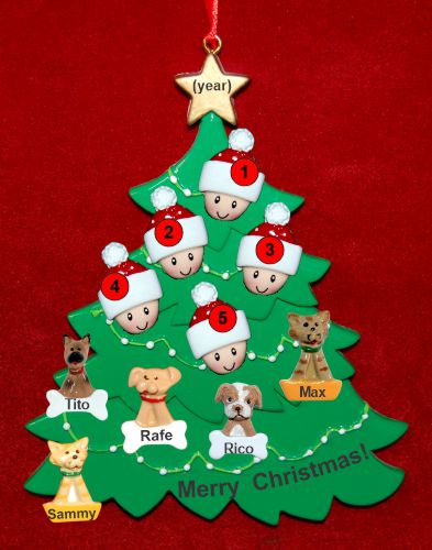 Family Christmas Tree Ornament for 5 with 5 Dogs, Cats, Pets Custom Add-ons Personalized by RussellRhodes.com