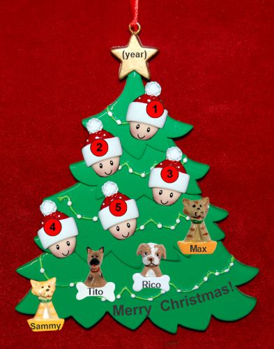 Family Christmas Tree Ornament Just the 5 Kids with 4 Dogs, Cats, Pets Custom Add-ons Personalized by RussellRhodes.com