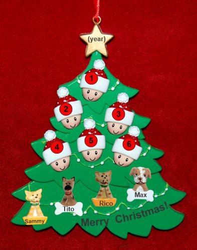 Family Christmas Tree Ornament for 6 with 4 Dogs, Cats, Pets Custom Add-ons Personalized by RussellRhodes.com