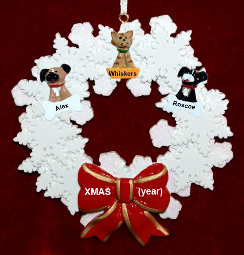 Dogs, Cats, or Other Pets Christmas Ornament Holiday Wreath with Red Bow (3) Personalized by RussellRhodes.com
