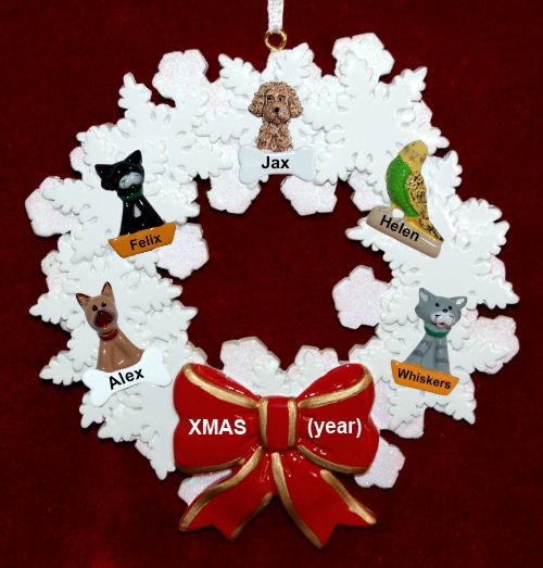 Dogs, Cats, or Other Pets Christmas Ornament Holiday Wreath with Red Bow (5) Personalized by RussellRhodes.com