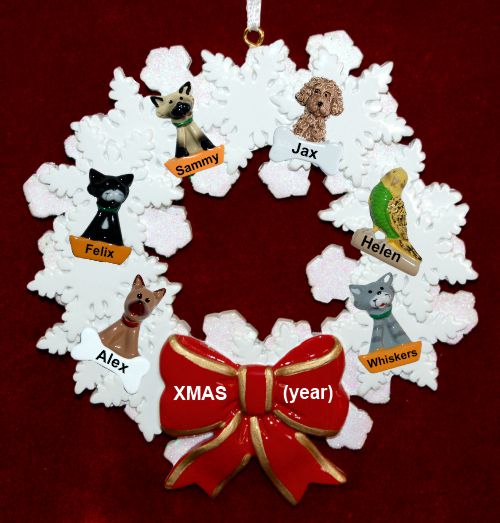 Dogs, Cats, or Other Pets Christmas Ornament Holiday Wreath with Red Bow (6) Personalized by RussellRhodes.com