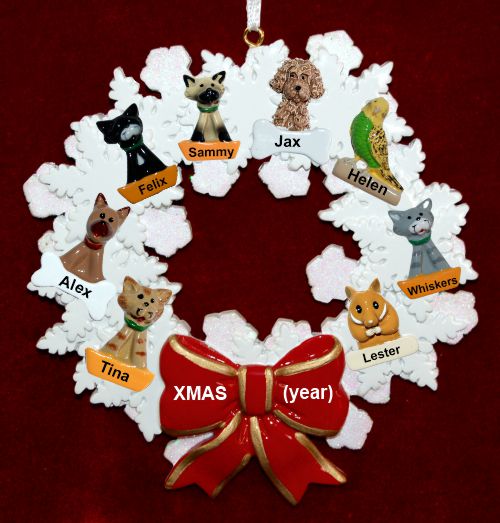Dogs, Cats, or Other Pets Christmas Ornament Holiday Wreath with Red Bow (8) Personalized by RussellRhodes.com