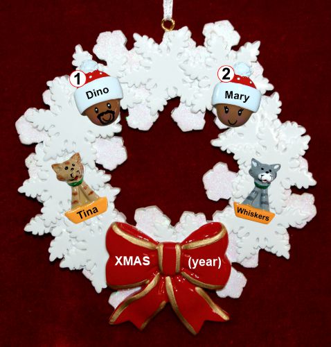 African American Black Couple Christmas Ornament Celebration Wreath Red Bow 2 Dogs, Cats, Pets Custom Add-ons Personalized by RussellRhodes.com