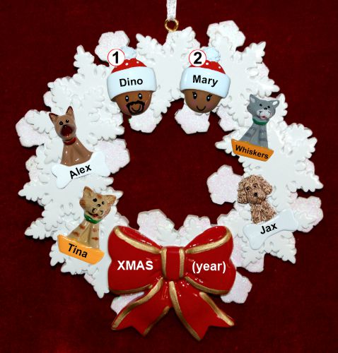 African American Black Couple Christmas Ornament Celebration Wreath Red Bow 4 Dogs, Cats, Pets Custom Add-ons Personalized by RussellRhodes.com
