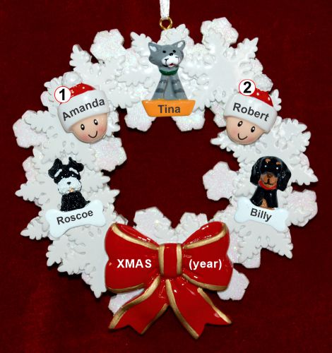 Grandparents Christmas Ornament Celebration Wreath Red Bow 2 Grandkids & 3 Dogs, Cats, Pets Custom Add-ons Personalized by RussellRhodes.com