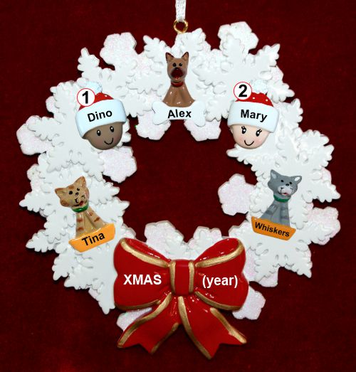Grandparents Christmas Ornament Celebration Wreath Red Bow 2 Mixed Race Grandkids 3 Dogs, Cats, Pets Custom Add-ons Personalized by RussellRhodes.com