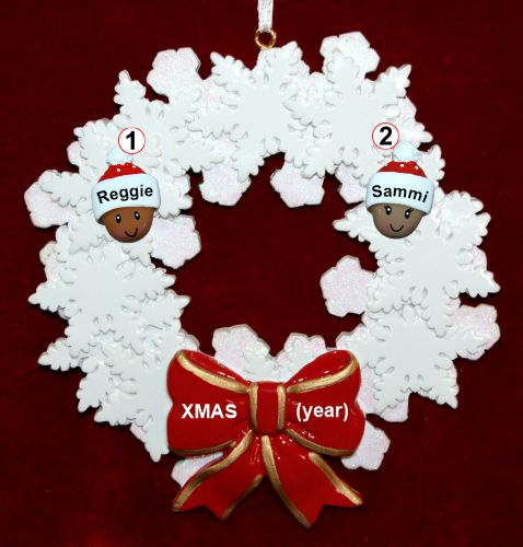 Grandparents Christmas Ornament Celebration Wreath Red Bow 2 Mixed Race Grandkids Personalized by RussellRhodes.com