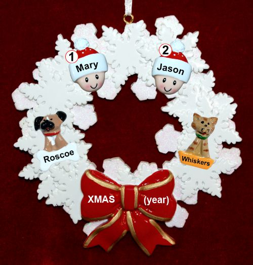 Couples Christmas Ornament Celebration Wreath Red Bow & 2 Dogs, Cats, Pets Custom Add-ons Personalized by RussellRhodes.com