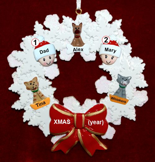 Single Dad Christmas Ornament 1 Child Celebration Wreath Red Bow 3 Dogs, Cats, Pets Custom Add-ons Personalized by RussellRhodes.com