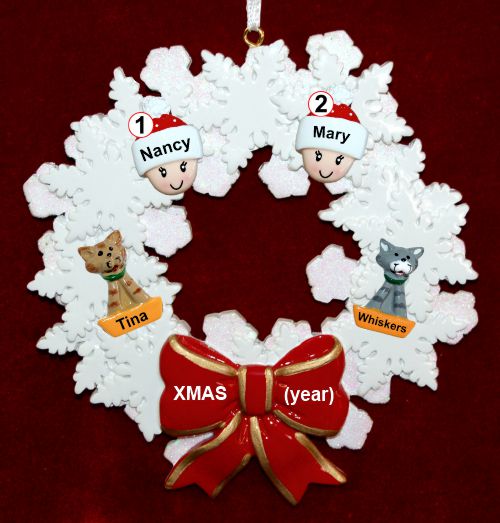 Lesbian Couple Christmas Ornament Celebration Wreath Red Bow 2 Dogs, Cats, Pets Custom Add-ons Personalized by RussellRhodes.com