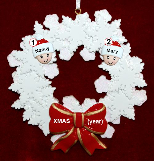 Lesbian Couple Christmas Ornament Celebration Wreath Red Bow Personalized by RussellRhodes.com