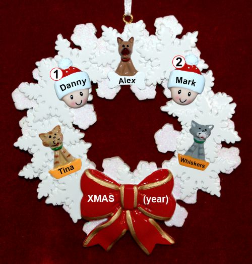 Gay Couple Christmas Ornament Celebration Wreath Red Bow 3 Dogs, Cats, Pets Custom Add-ons Personalized by RussellRhodes.com