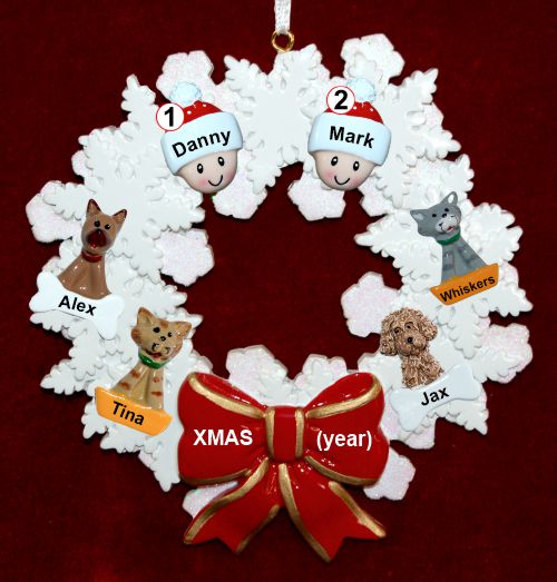 Gay Couple Christmas Ornament Celebration Wreath Red Bow 4 Dogs, Cats, Pets Custom Add-ons Personalized by RussellRhodes.com
