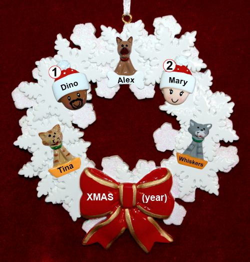 Mixed Race Couple Christmas Ornament Celebration Wreath Red Bow 3 Dogs, Cats, Pets Custom Add-ons Personalized by RussellRhodes.com