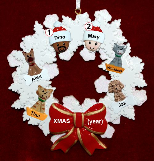 Mixed Race Couple Christmas Ornament Celebration Wreath Red Bow 4 Dogs, Cats, Pets Custom Add-ons Personalized by RussellRhodes.com