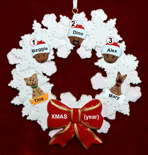 African American Grandparents Christmas Ornament 3 Grandkids Celebration Wreath Red Bow 2 Dogs, Cats, Pets Custom Add-ons Personalized by RussellRhodes.com