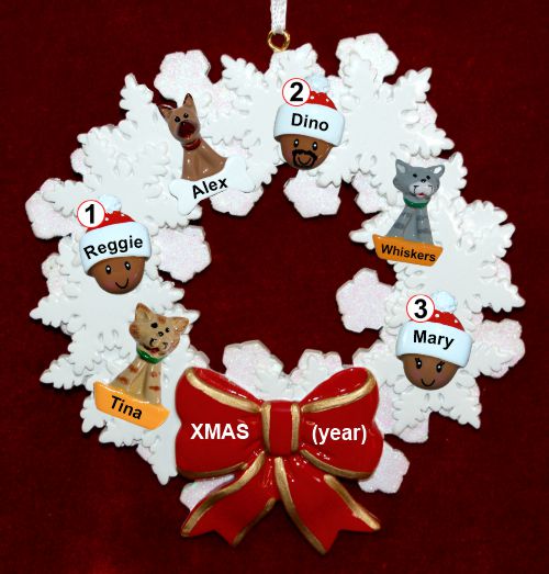 African American Grandparents Christmas Ornament 3 Grandkids Celebration Wreath Red Bow 3 Dogs, Cats, Pets Custom Add-ons Personalized by RussellRhodes.com