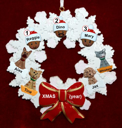 African American Grandparents Christmas Ornament 3 Grandkids Celebration Wreath Red Bow 4 Dogs, Cats, Pets Custom Add-ons Personalized by RussellRhodes.com