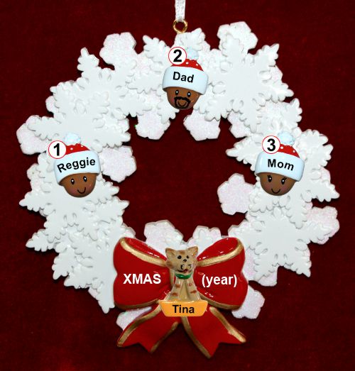 African American Black Family Christmas Ornament for 3 Celebration Wreath Red Bow 1 Dog, Cat, or Other Pet Personalized by RussellRhodes.com