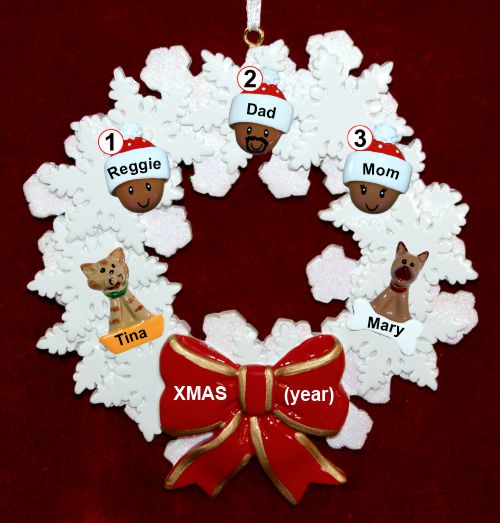 African American Black Family Christmas Ornament for 3 Celebration Wreath Red Bow 2 Dogs, Cats, Pets Custom Add-ons Personalized by RussellRhodes.com