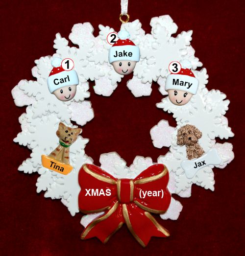 Grandparents Christmas Ornament 3 Grandkids Wreath Red Bow with 2 Dogs, Cats, Pets Custom Add-ons Personalized by RussellRhodes.com