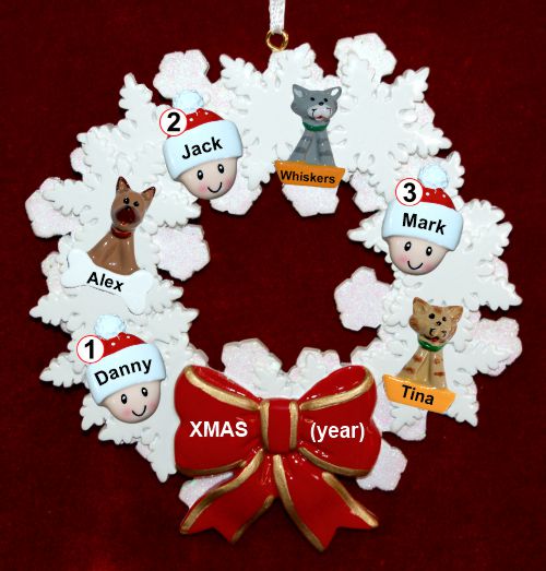 Grandparents Christmas Ornament 3 Grandkids Wreath Red Bow with 3 Dogs, Cats, Pets Custom Add-ons Personalized by RussellRhodes.com