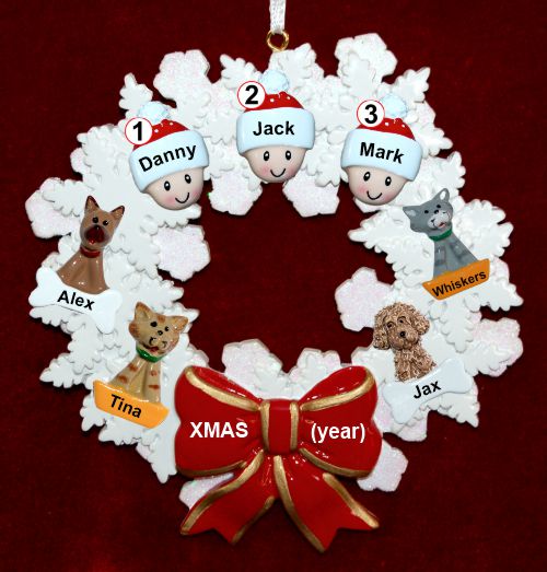Grandparents Christmas Ornament 3 Grandkids Wreath Red Bow with 4 Dogs, Cats, Pets Custom Add-ons Personalized by RussellRhodes.com