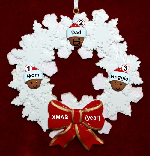 African American Black Family of 3 Christmas Ornament Celebration Wreath Red Bow Personalized by RussellRhodes.com