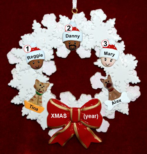 Grandparents Christmas Ornament Celebration Wreath Red Bow 3 Mixed Race Grandkids Personalized by RussellRhodes.com