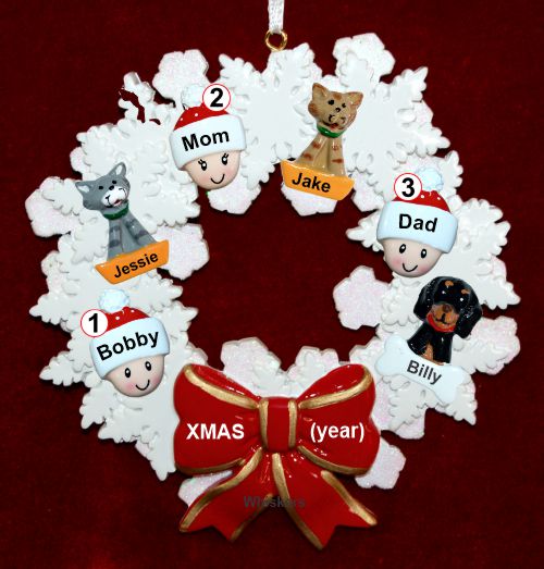 Family Christmas Ornament for 3 Celebration Wreath Red Bow 3 Dogs, Cats, Pets Custom Add-ons Personalized by RussellRhodes.com