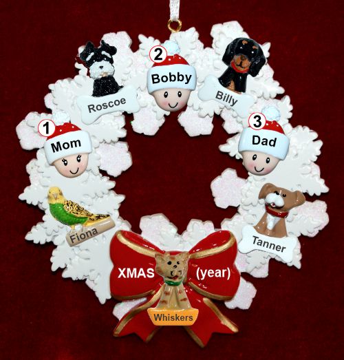 Family Christmas Ornament for 3 Celebration Wreath Red Bow 5 Dogs, Cats, Pets Custom Add-ons Personalized by RussellRhodes.com