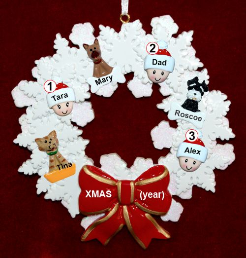 Single Dad Christmas Ornament 2 Kids Celebration Wreath Red Bow 3 Dogs, Cats, Pets Custom Add-ons Personalized by RussellRhodes.com