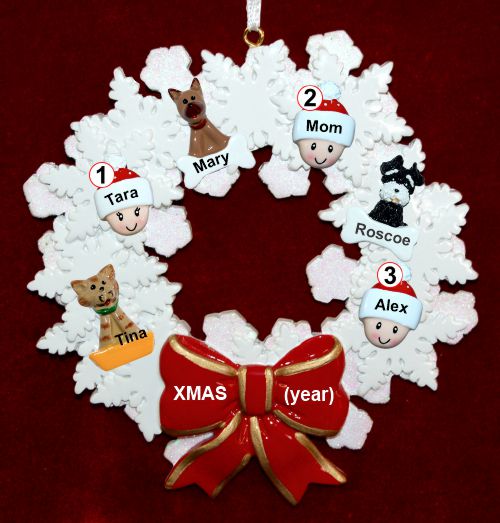 Single Mom Christmas Ornament 2 Kids Celebration Wreath Red Bow 3 Dogs, Cats, Pets Custom Add-ons Personalized by RussellRhodes.com