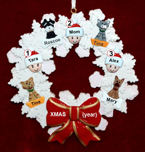 Single Mom Christmas Ornament 2 Kids Celebration Wreath Red Bow 4 Dogs, Cats, Pets Custom Add-ons Personalized by RussellRhodes.com