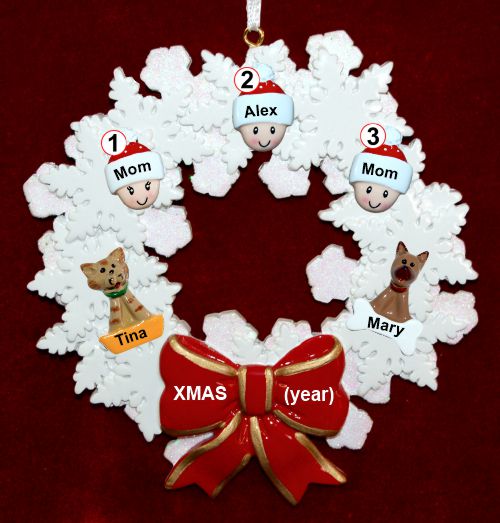 Lesbian Couple Christmas Ornament 1 Child Celebration Wreath Red Bow 2 Dogs, Cats, Pets Custom Add-ons Personalized by RussellRhodes.com