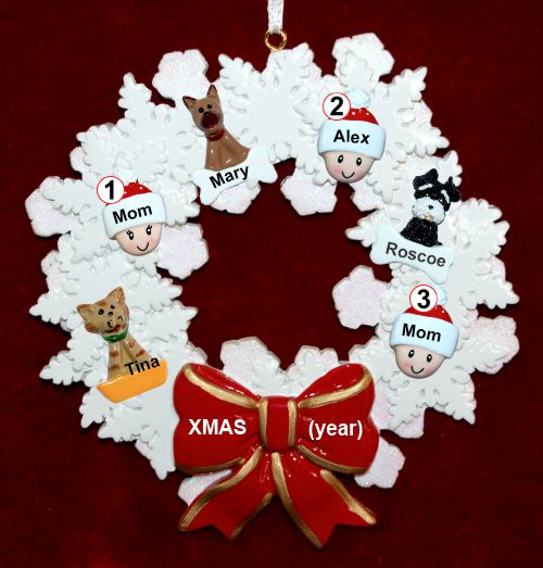 Lesbian Couple Christmas Ornament 1 Child Celebration Wreath Red Bow 3 Dogs, Cats, Pets Custom Add-ons Personalized by RussellRhodes.com