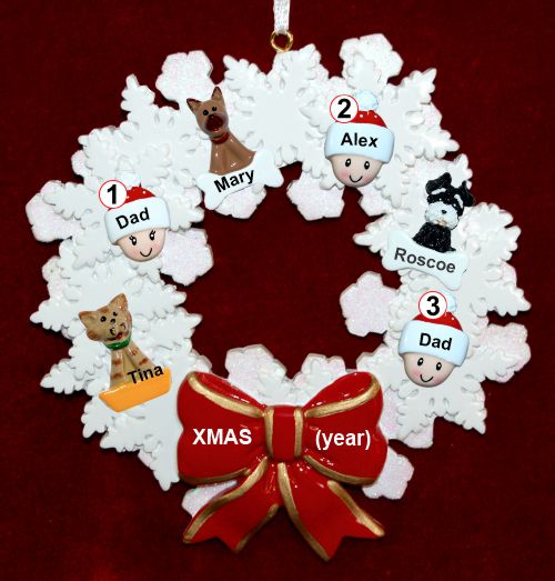 Gay Couple Christmas Ornament 1 Child Celebration Wreath Red Bow 3 Dogs, Cats, Pets Custom Add-ons Personalized by RussellRhodes.com
