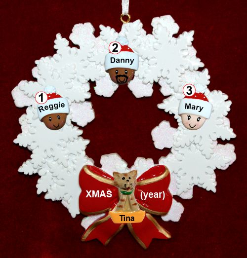 Mixed Race Family  Christmas Ornament for 3 Celebration Wreath Red Bow 1 Dog, Cat, or Other Pet Personalized by RussellRhodes.com