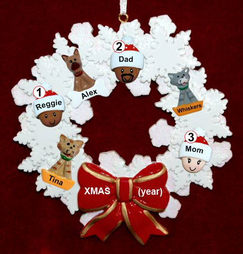 Mixed Race Family  Christmas Ornament for 3 Celebration Wreath Red Bow 3 Dogs, Cats, Pets Custom Add-ons Personalized by RussellRhodes.com