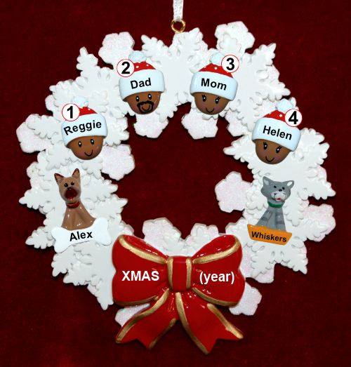 African American Black Family Christmas Ornament for 4 Celebration Wreath Red Bow 2 Dogs, Cats, Pets Custom Add-ons Personalized by RussellRhodes.com